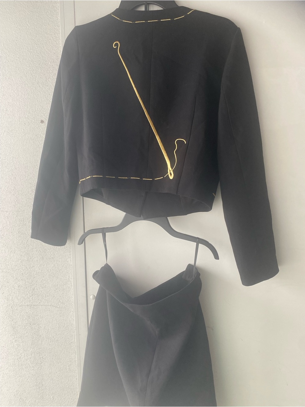 Cropped Black Jacket with Gold Trim and Pearl Buttons